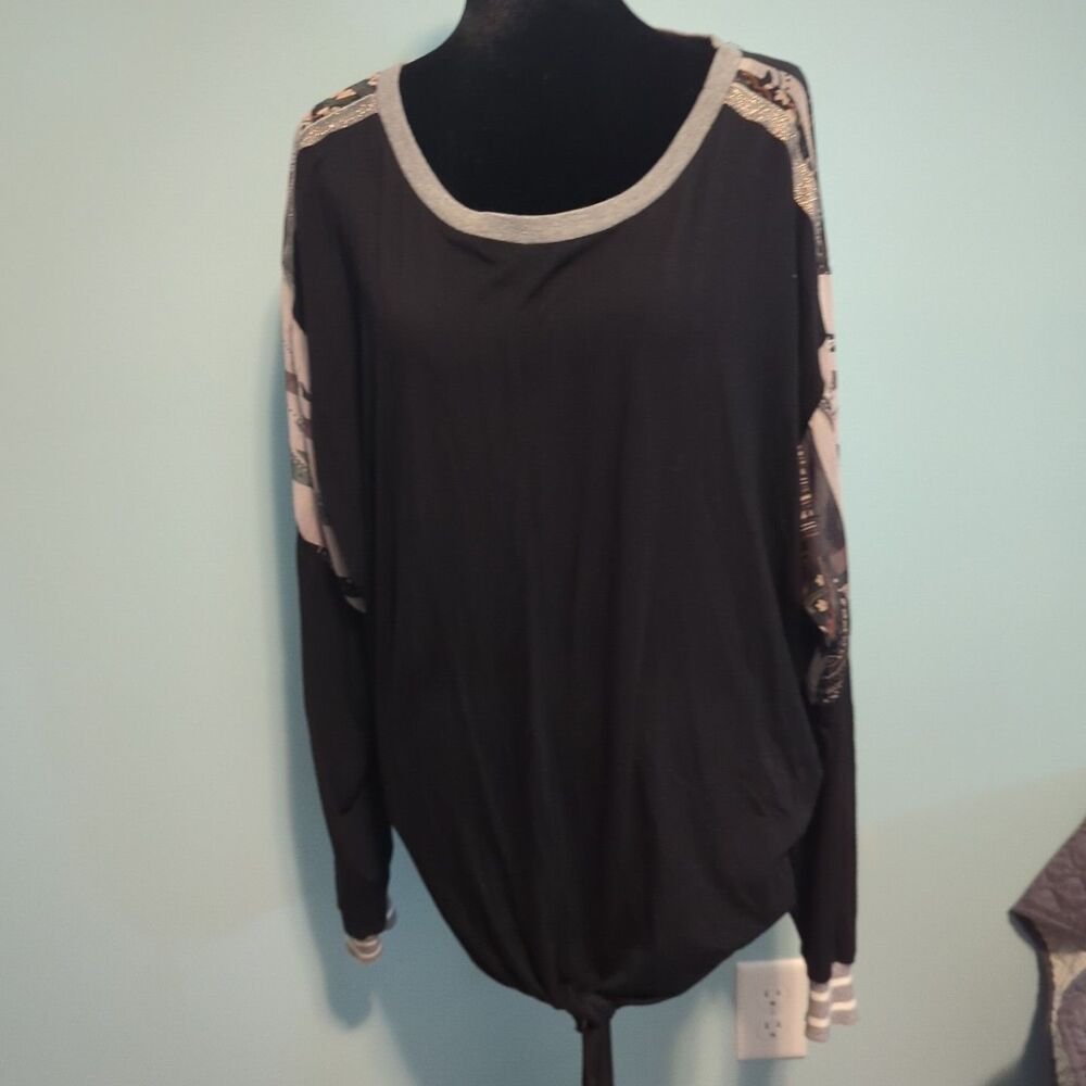 TINY Anthropologie Tie Front Knot Black Shirt Top Sheer Paisley Blouse Sz XL